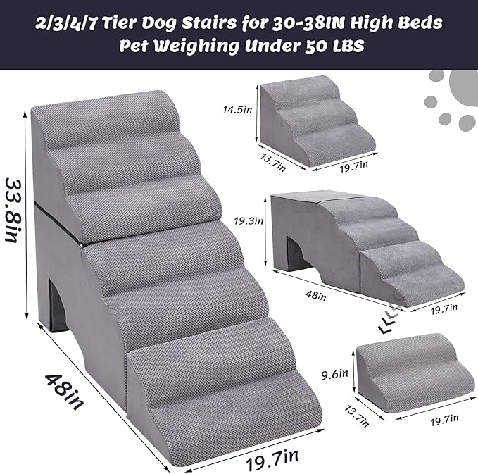Dog Stair Steps for High Beds 36 inches Tall, 33D Foam Dog Ramp for Bed 32 inches, 7-Step Pet Stair Steps for Small Large Dogs for Bed Climbing, Non-Slip Dog Steps for Older Dogs/Cats, Grey