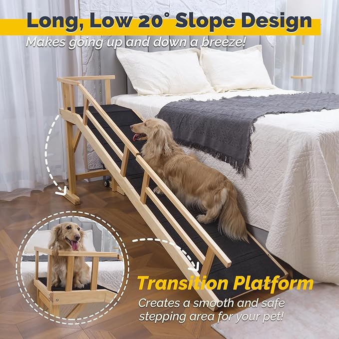 Dog Ramp for Bed or Couch, Wooden Pet Ramp with 20° Gentle Slope, Removable Side Rails, Non-Slip Surface, Top Platform & Wheels, Safe Bed Ramp for Small, Medium & Senior Dogs, 74" Long, Natural