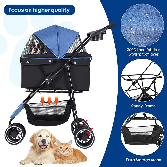 Pet Stroller,Dog Stroller for Small Medium Dogs Cats,3 Wheels,Foldable,with Breathable Mesh Canopy,Cup Holders,Easy Assembly,Blue+Black