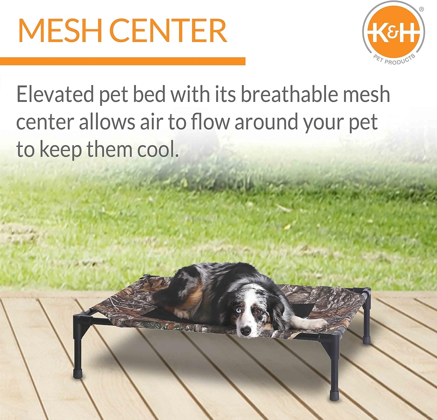 K&H Pet Products Outdoor Elevated Dog Cot, Breathable Cooling Elevated Cot Hammock Pet Bed for Medium Dogs, Washable Mesh Cover, Raised Metal Frame, Collapsible, Portable - Medium 32 X 25in Camo