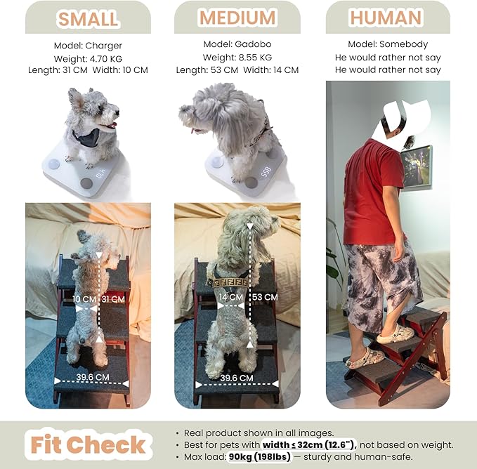 MEWANG Wooden Pet Stairs/Pet Steps - 3-in-1 Foldable Stairs & Ramp for Beds and Cars - Portable Dog/Cat Ladder Up to 220 Pounds - Great for Small and Older Animals(Brown) (24.8" L x 17.2" W x 19.5" H)