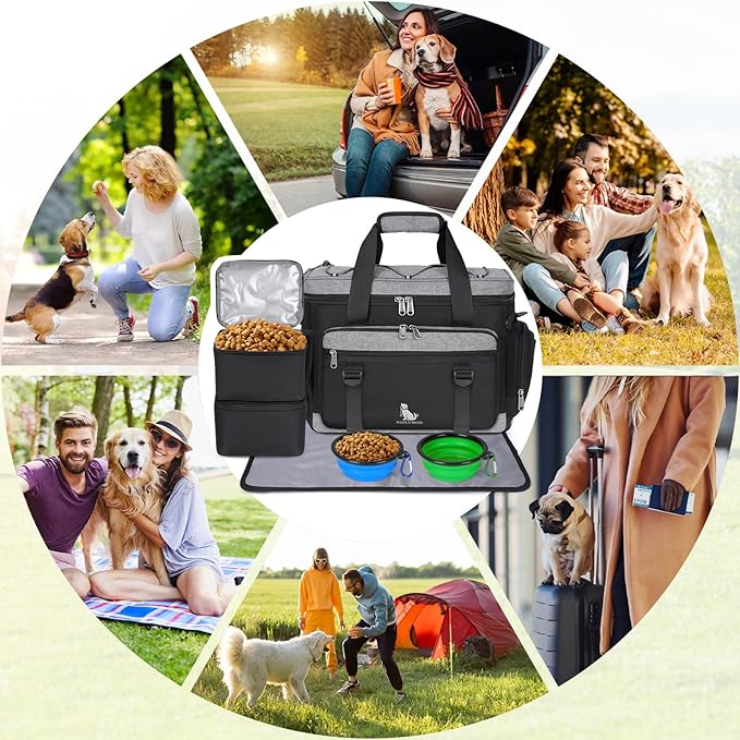 IGOLUMON Dog Travel Bag Large Pet Travel Bags Set for Supplies Weekend Travel Kit Tote Organizer Multi-Pockets Food Travel Bag with 2 Extra Large Food Containers, 2 Dog Bowls, 1 Feeding Mat