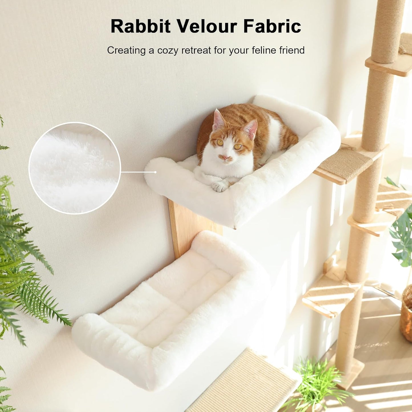 FUKUMARU Cat Wall Shelves, 2 Platform Cats Walls Furniture, Tree Shape Kitten Floating Shelf with Soft Cushion Perch, Solid Rubber Wood for 16 Inch Drywall, Suitable for Climb, Play, Nap