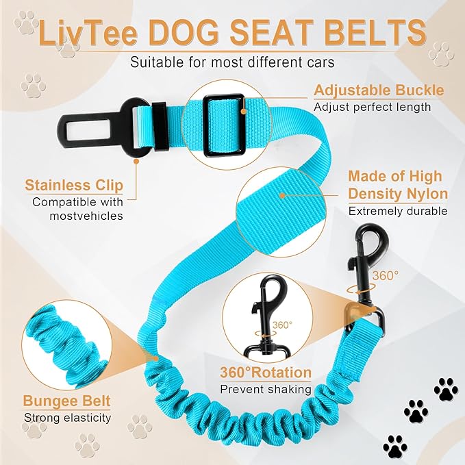 LivTee Dog Seat Belt for Car, Retractable Pet Safety Harness, Adjustable Nylon Dog Seatbelt Leash, Comfortable Dog Accessories for Vehicles (Teal-2PCS)