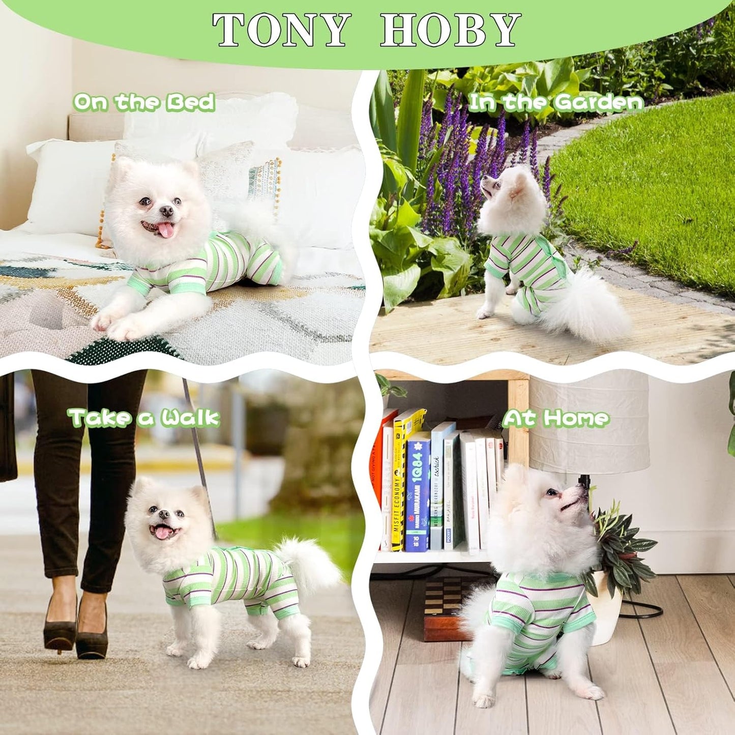 TONY HOBY Dog Pajamas, Male Dog Jumpsuit with Green Stripe, Dogs Clothes for Small Medium Size Dogs (Green&White, Boy, M)