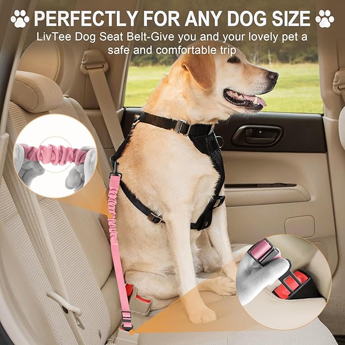 LivTee Dog Seat Belt for Car, Retractable Pet Safety Harness, Adjustable Nylon Dog Seatbelt Leash, Comfortable Dog Accessories for Vehicles (Light Pink-2PCS)