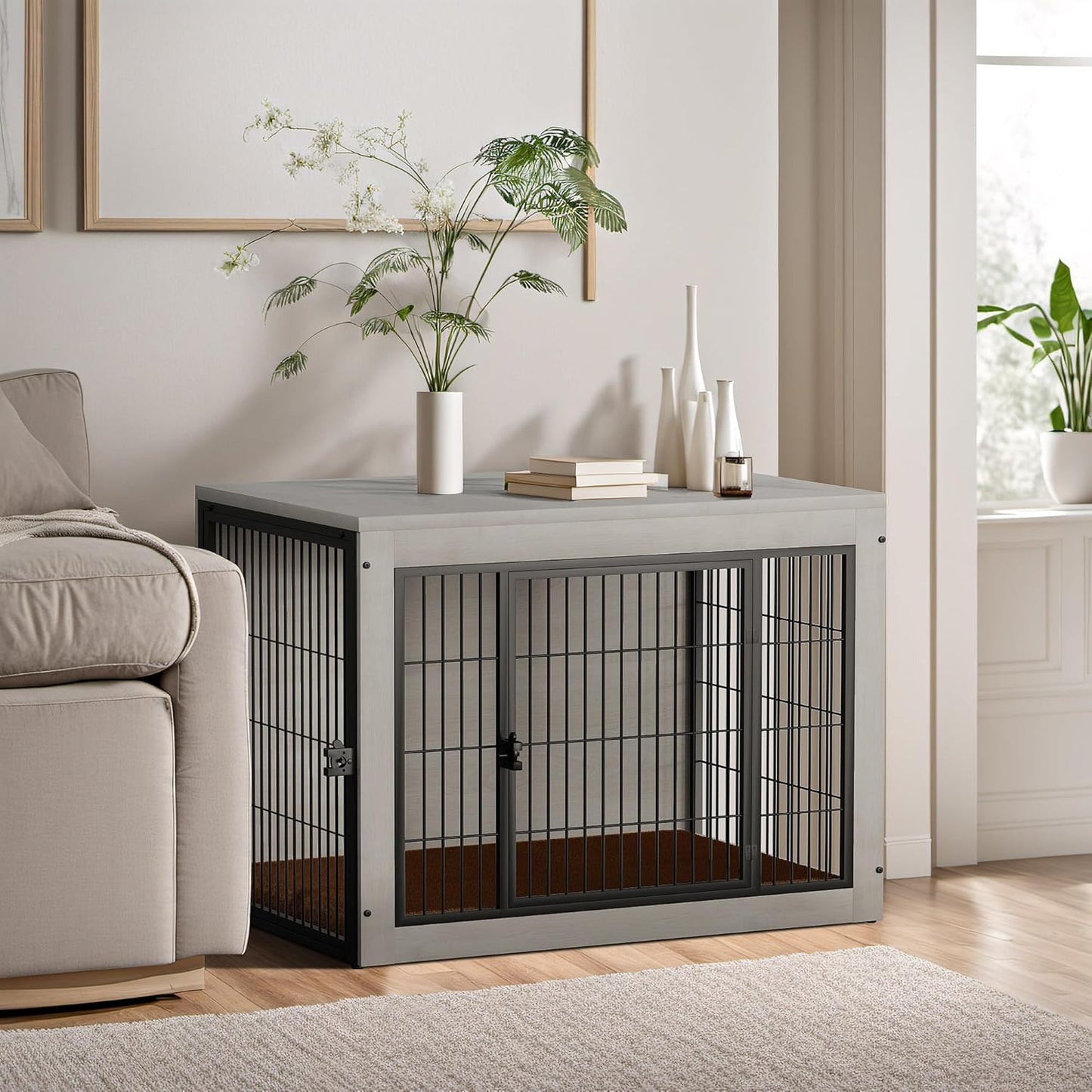 Bigrab Dog Crate Furinture with Thick Cushion, Side End Table Wooden Dog Cage with Double Doors, Chew-Resistant Dog Kennel Dog House Indoor for Small to Large Dog, L (Grey)