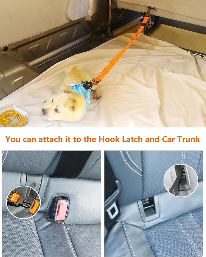 AUBELL Dog Seat Belt for Car,2 Pack Set 3-in-1 Adjustable Reflective Bungee Heavy Duty Dog Car Harness Tether with Clip Hook Latch & Buckle,Swivel Zinc Alloy Carabiner,Black+Orange