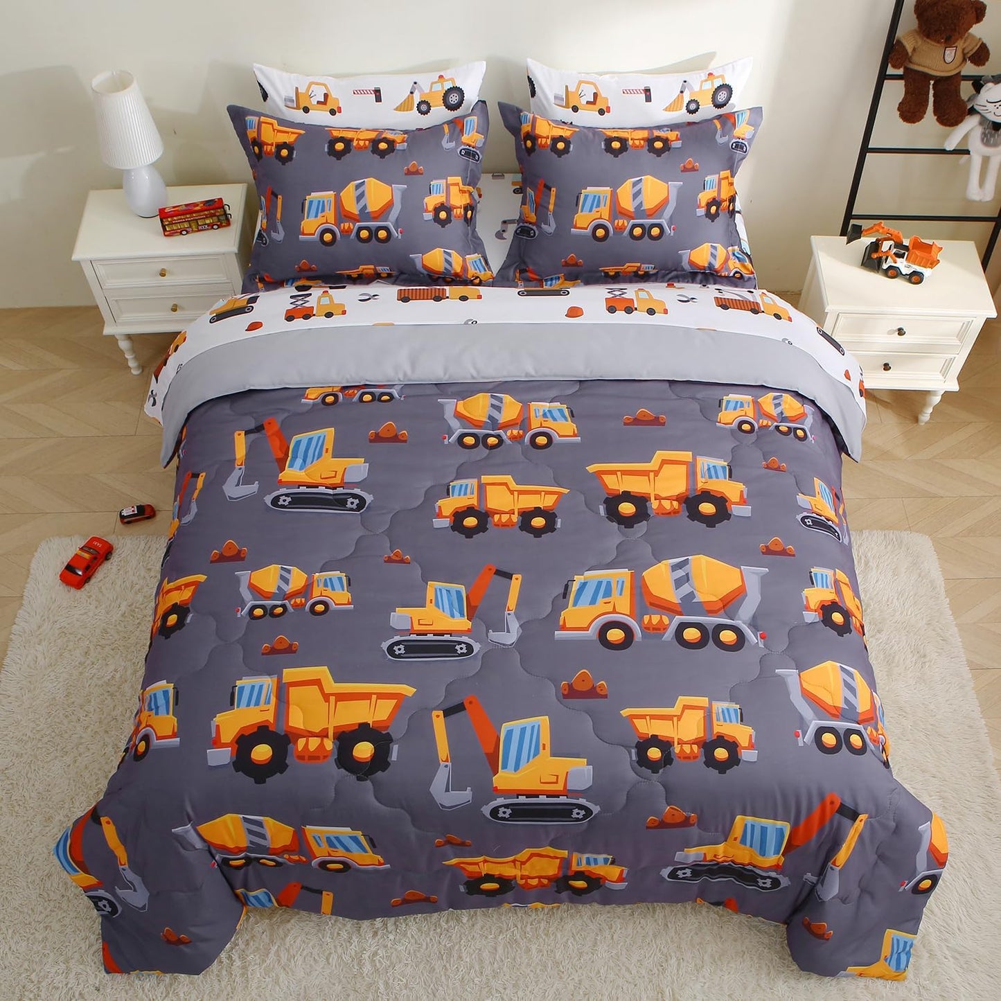 Kids Comforter Set 7 Piece Bedding Cute Car Cartoon Truck Bed Microfiber Comforter Full Size All Season Excavator Car Truck Printed