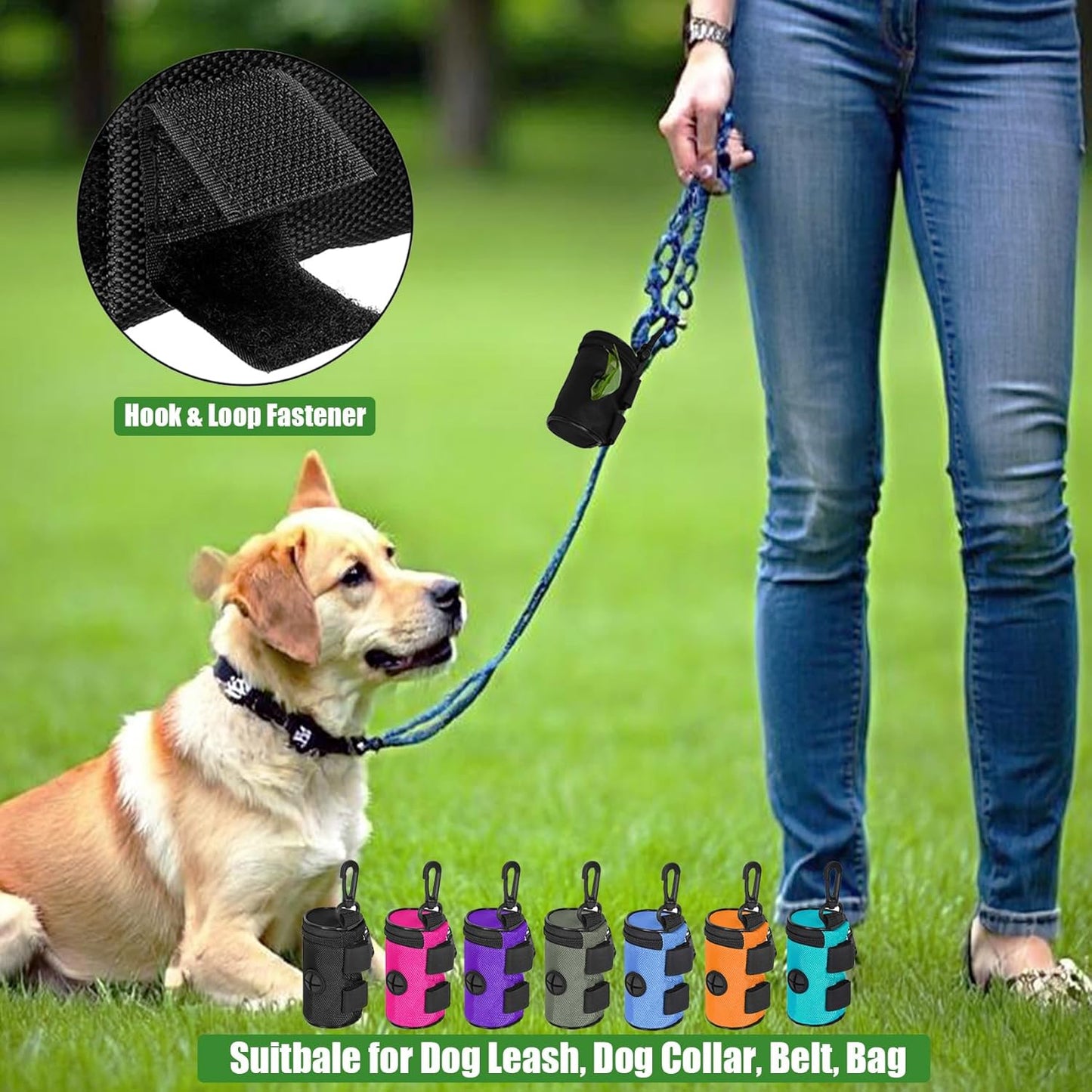 Dog Poop Bag Holder for Leash Attachment - Waste Bag Dispenser for Leash - Fits Any Dog Leash - Portable Set with Hand Free Holder Metal Carrier, Round Shape, Grey