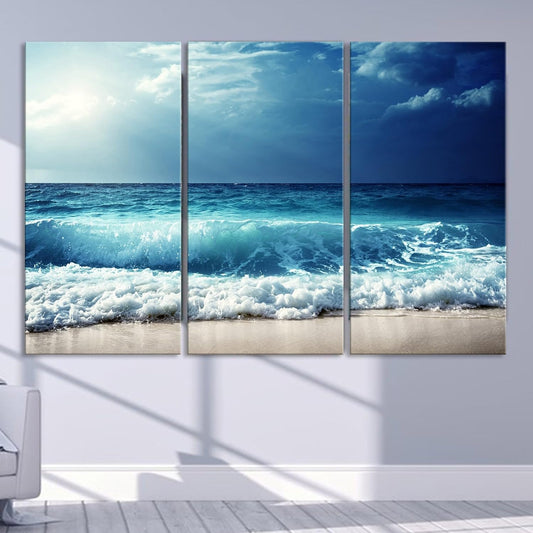 Nature Wall Art Prints - Ocean Forest Mountain Lake Canvas Landscapes - Small to Extra Large Living Room Bedroom Kitchen Bathroom Décor (Summer Ocean Beach, 35L" x 53W" - 3 Panels)