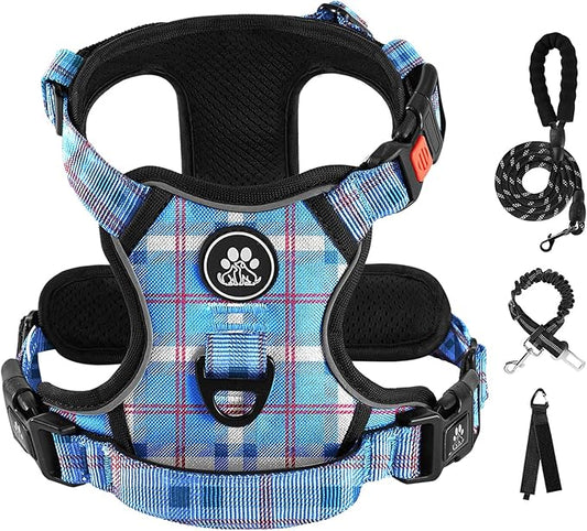 IVY&LANE No Pull Dog Harness with Leash Set, Reflective No Choke Pet Vest,Adjustable Oxford Dog Vest Harness with Easy Control Handle for Large Dogs (Checkered Blue,L)