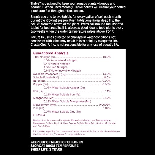 CrystalClear Thrive Aquatic Pond Plant Food, Fish Safe Water Garden Fertilizer, Nutrients Boost Lily & Lotus Flower Bloom & Root Growth, 200 Tablets