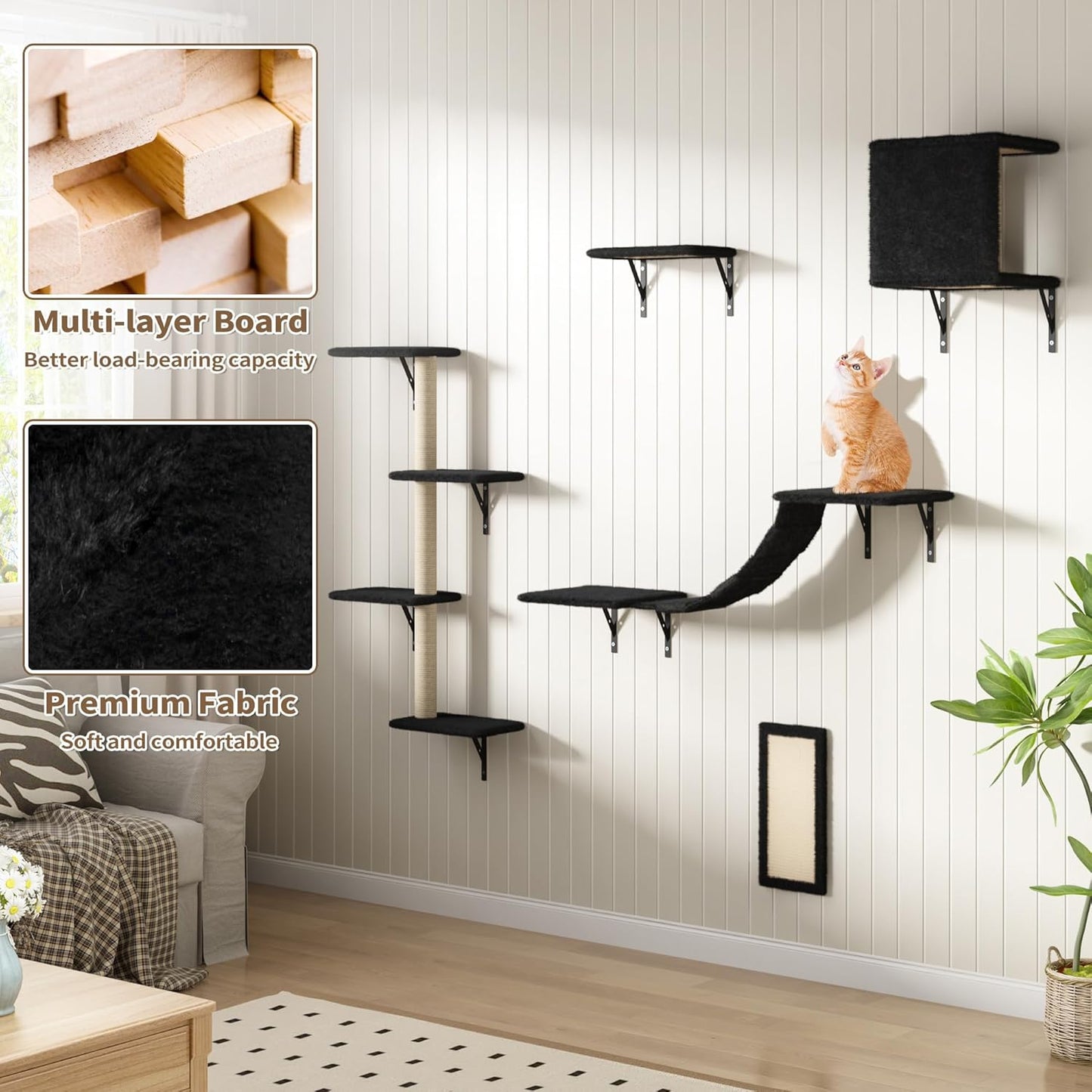 COZIWOW Wall Mounted Cat Furniture, Cat Wall Shelves and Perches, Floating Cat Shelves for Wall Set of 5 (Black)