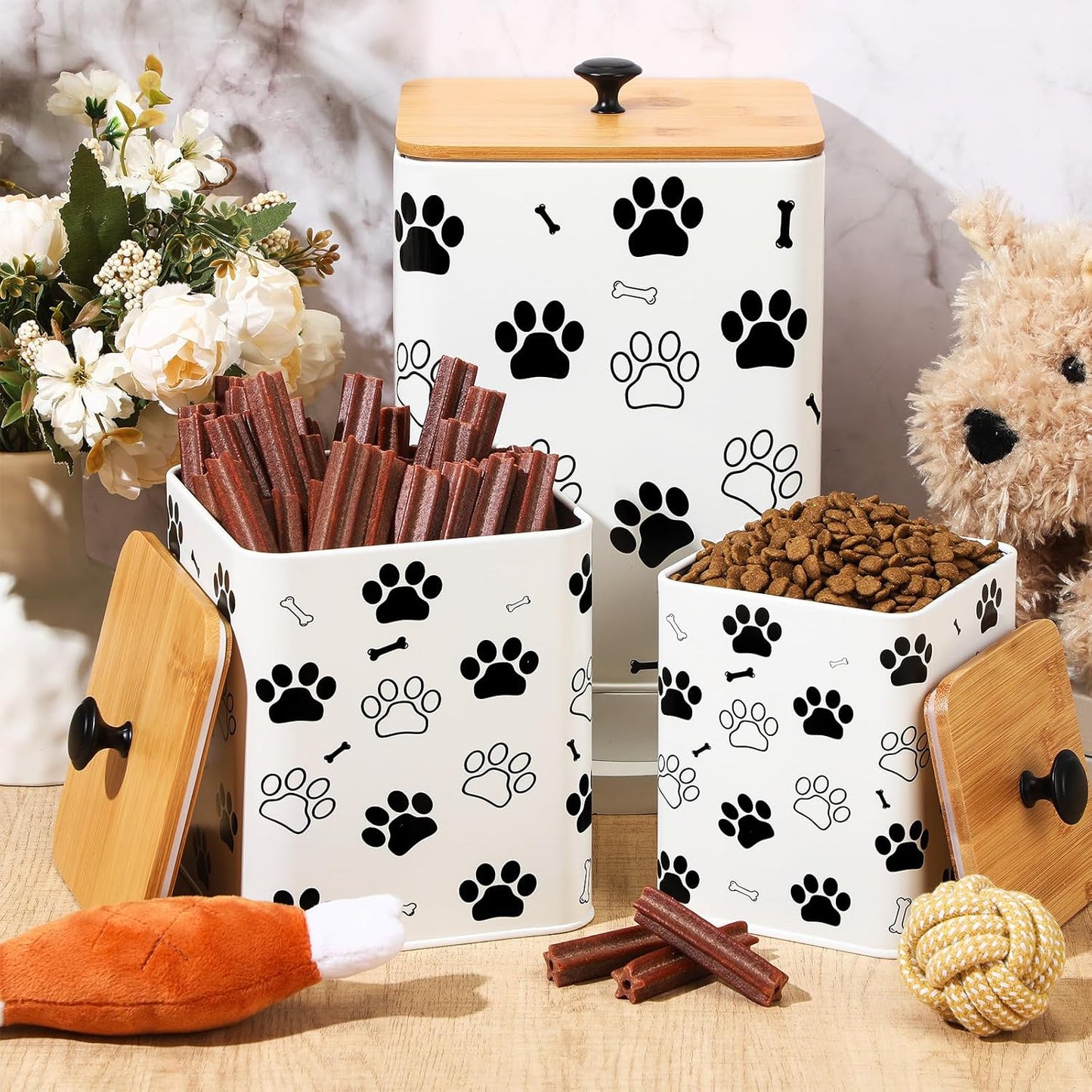 3 Pack Airtight Dog Food Containers with Bamboo Lids, Metal Dog Treat Jars Canisters for Kibble, Biscuits, Snacks, Cookies, Pet Food Storage Set for Kitchen Counter(White)
