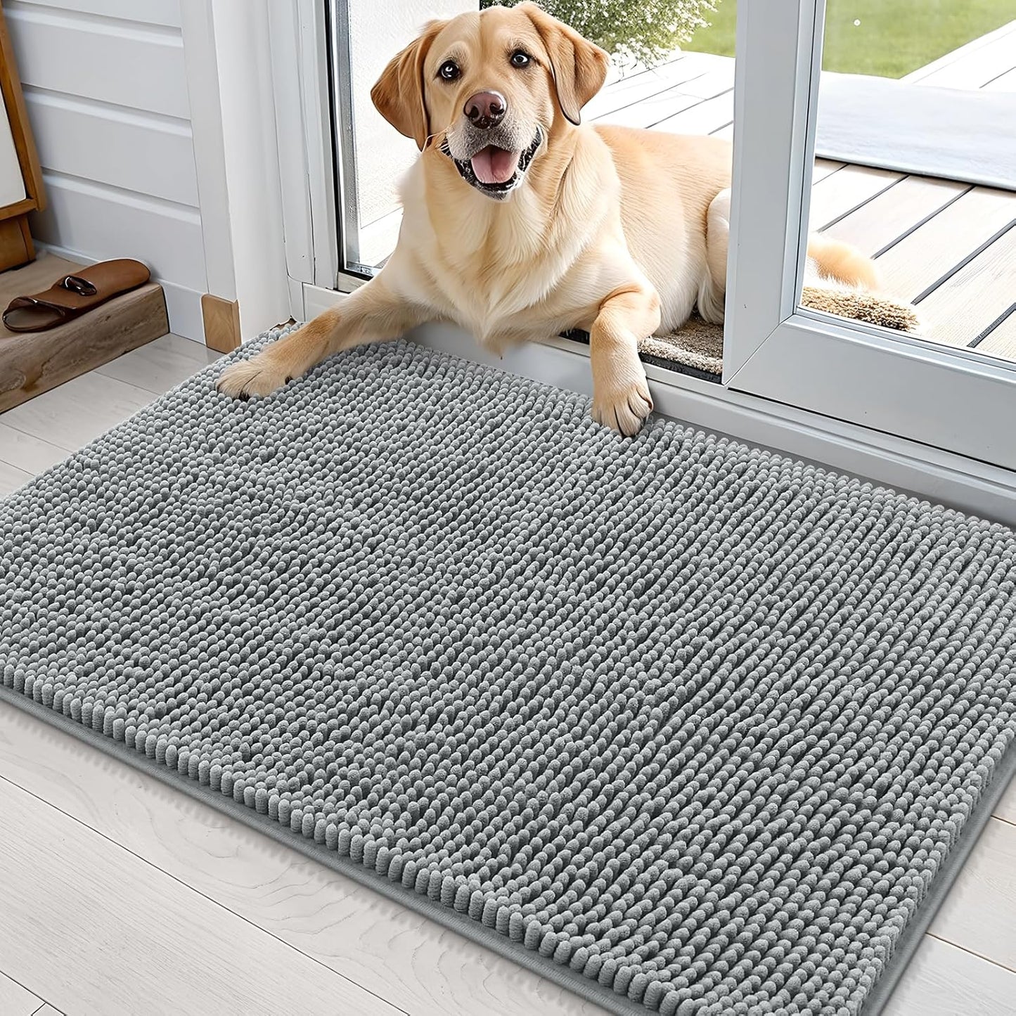 OLANLY Dog Door Mat for Muddy Paws 36x24, Absorbs Moisture and Dirt, Absorbent Non-Slip Washable Doormat, Quick Dry Chenille Mud Mat for Dogs, Entry Indoor Entryway Carpet for Inside Floor, Grey