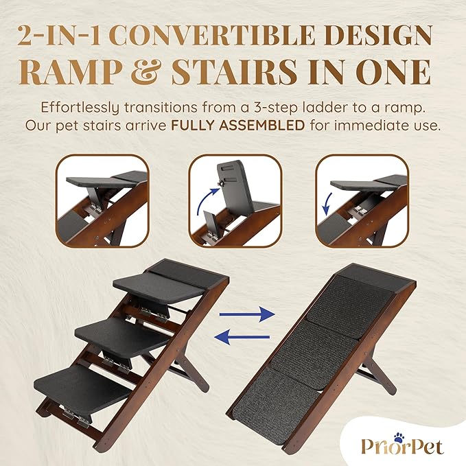 Dog Steps for Bed & Couch 2-in-1 Dog Stairs/Ramp - Height Adjustable Dog Ramp for Couch 7” - 20” - Pet Stairs, Dog Stairs for Small Dogs - Easy to Move Pet Steps with Landing Platform, Walnut