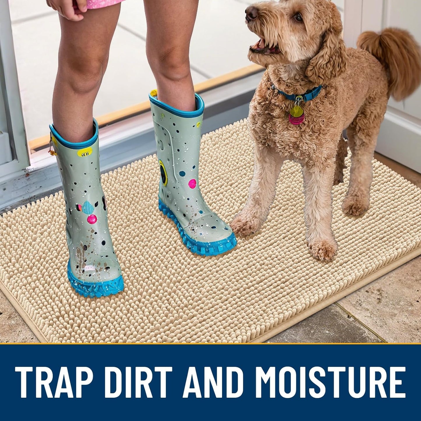 Smiry Dog Door Mat for Muddy Paws 47x20, Absorbs Moisture and Dirt Doormat, Non-Slip Washable Quick Dry Chenille Front Door Mat Indoor Entrance, Entryway Carpet for Inside Floor, Beige