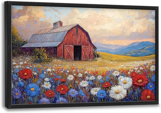 Large Farmhouse Barn Daisy Wall Art for Living Room, Floral Landscape Canvas Oversized Wall Decor, Flower Scenery Framed Pictures Painting Print Artwork for Bedroom Office 36"L x 24"W