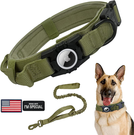 Tactical AirTag Dog Collar Leash Set - Heavy Duty, Adjustable GPS Collar Compatible with Apple AirTag, with Holder & Control Handle for Medium/Large Dogs [ Green, M ]