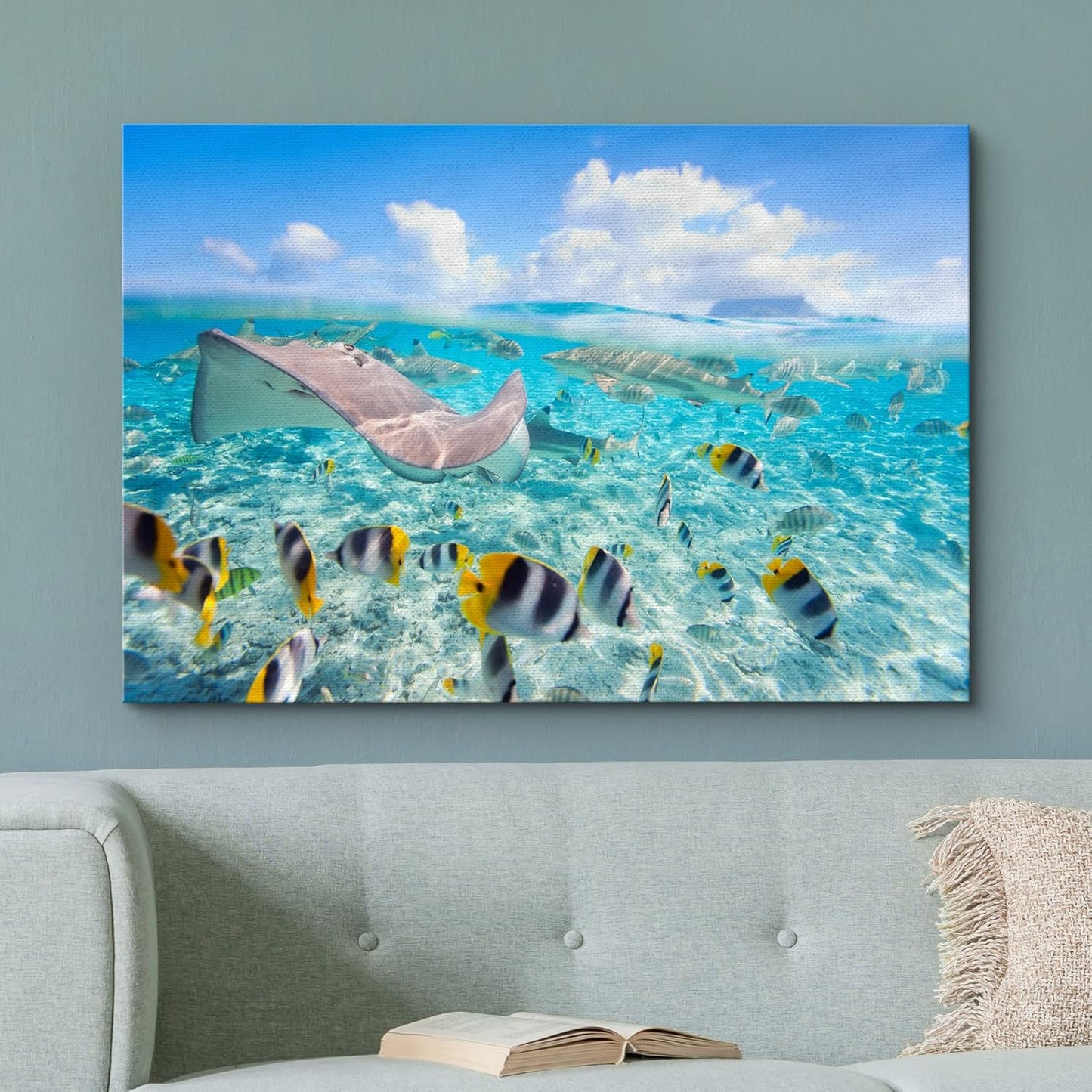 wall26 Canvas Print Wall Art Stingray & Striped Fish Under The Sea Nature Ocean Photography Realism Nautical Scenic Relax/Calm Multicolor Ultra for Living Room, Bedroom, Office - 12"x18"