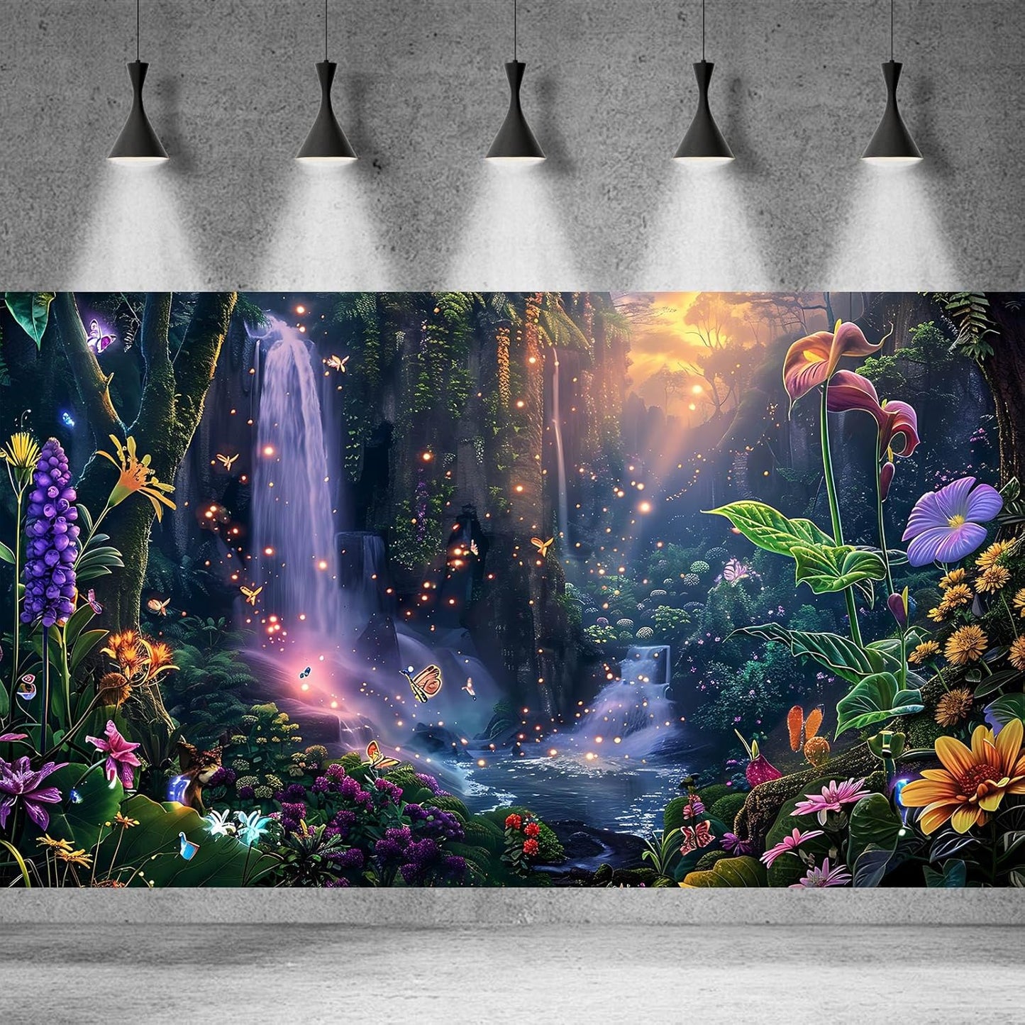 Fantasy Garden Aquarium Background Sunset Waterfall and Flowers Terrarium Backdrop Tropical Forest Lush Plant Magic Butterfly Lights Flowers Fish Tank Background Poster Decorations 36x20in
