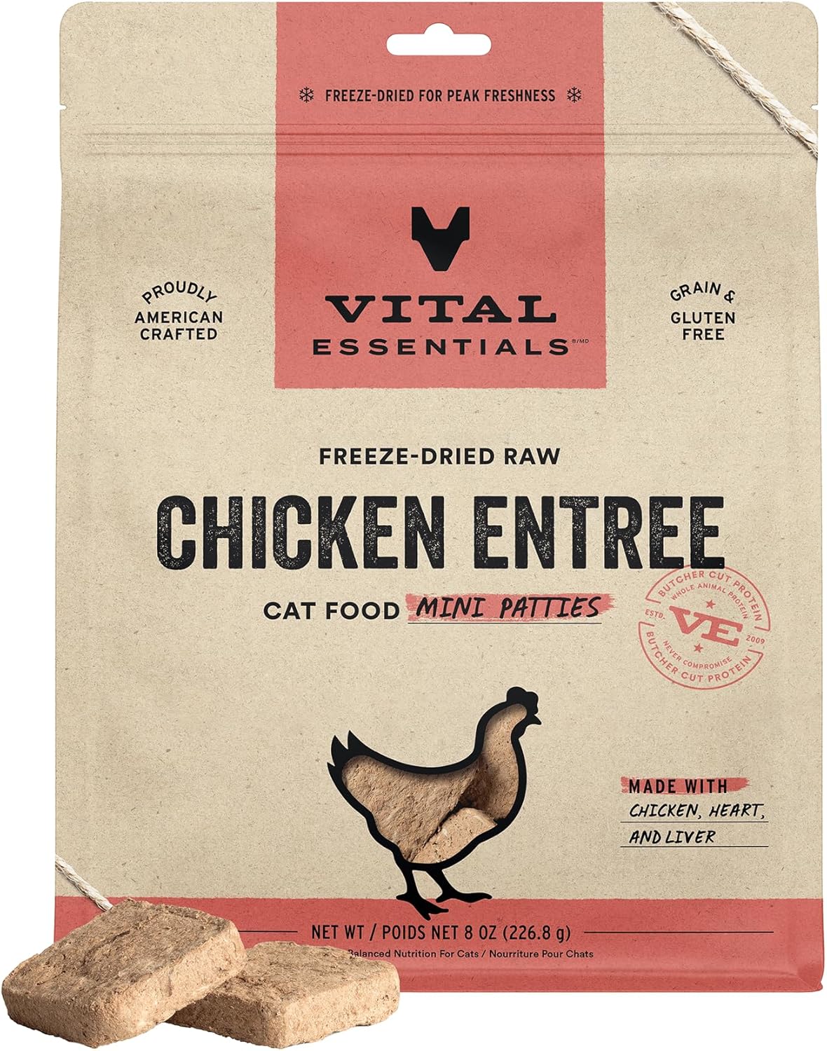 Vital Essentials Freeze Dried Raw Cat Food, Chicken Mini Patties Entree, 8 oz