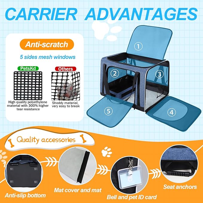 Petskd Extra Large Cat Carrier with Litter Box 24"x17"x17" for Medium Large Cat or 2 Small Cats, Collapsible Soft Sided Pet Carrier for Car Travel with Lockable Safety Zippers(Blue)