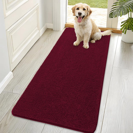 OLANLY Dog Door Mat for Muddy Paws 70x35, Absorbs Moisture and Dirt, Absorbent Non-Slip Washable Doormat, Quick Dry Chenille Mud Mat for Dogs, Entry Indoor Entryway Carpet for Inside Floor, Burgundy