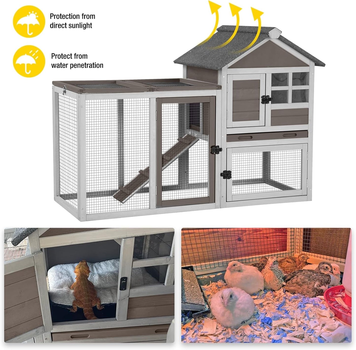 Aivituvin Large Rabbit Hutch Indoor Bunny Cage Outdoor with Run Chicken Coop Guinea Pig House with Waterproof Asphalt Roof,No Leakage Pull Out Tray (103.2" L x 25.2" W x 36.2" H,Brown-2 Sets)