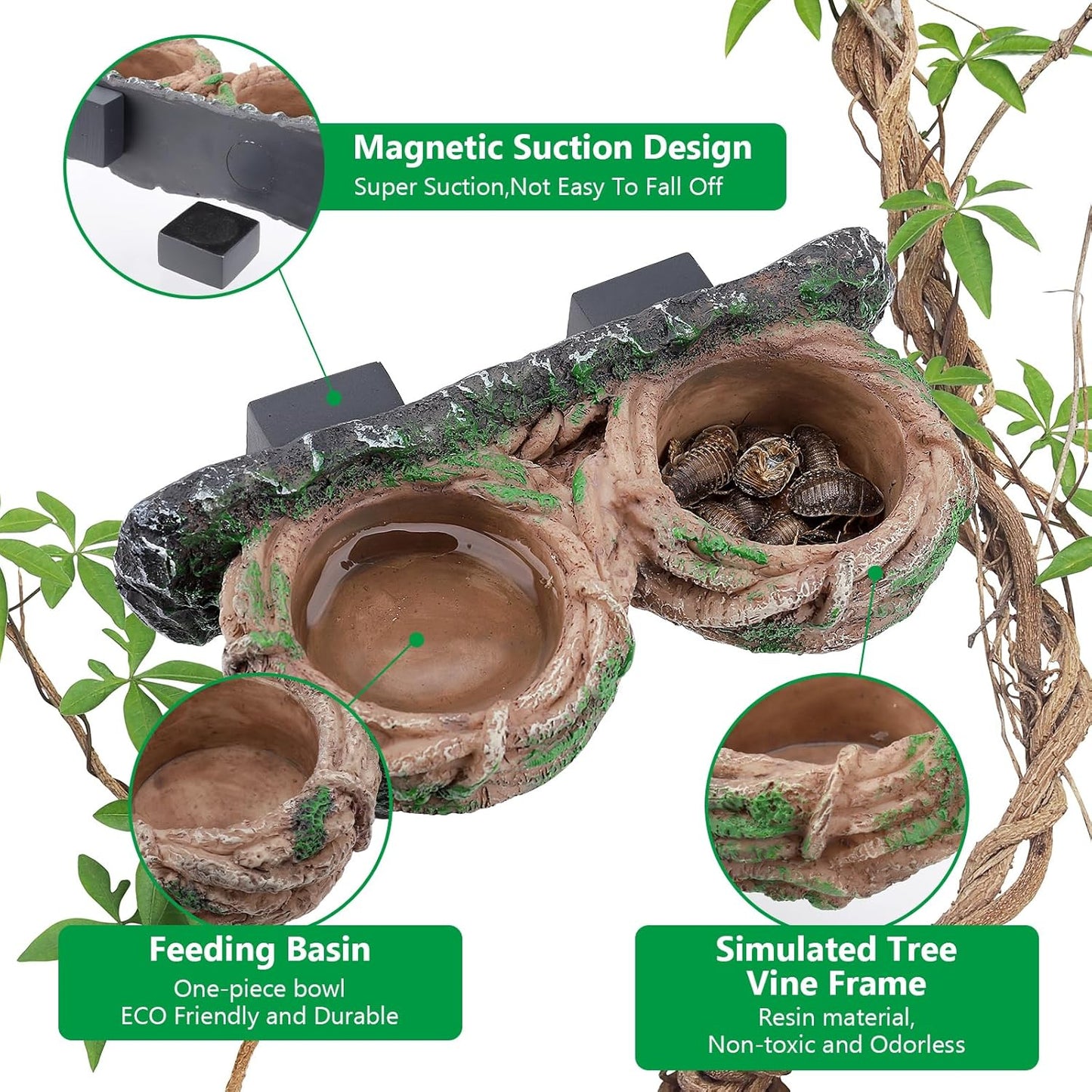 Magnetic Reptile Feeding Ledge, Gecko Feeder Ledge with One Piece Cup, Hollow Vine Food Dish, Reptile Water Bowl for Bearded Dragon Lizard Snake