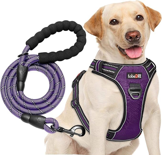 No Pull Dog Harness Adjustable Reflective Oxford Easy Control Medium Large Harness with A Free Heavy Duty 5ft Leash (L (Neck: 18"-25.5", Chest: 24.5"-33"), Purple)