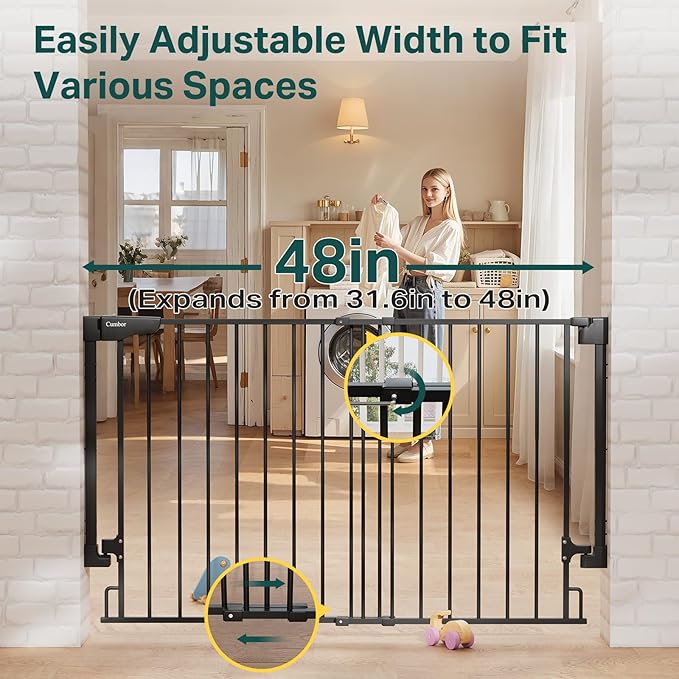 Cumbor 31.6-48" No Bottom Bar Baby Gate for Stairs, 2-in-1 Auto Close Dog Gate Indoor, Hardware Mounted Pet Gate for Doorways with Large Walk Thru Door, Child-Proof Safety Gate for Kids (Black)