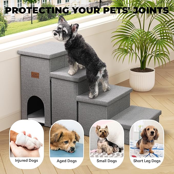 Dog Stairs 23" H, 4-Step Wider Dog Steps for High Beds Window, Folding Storage Pet Stairs Gift for Small/Medium/Large Old Dogs Cats, Ramp for Climbing Car Up to 200 lbs (Gray, with Condo)