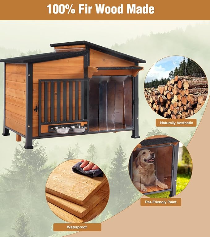 GUTINNEEN Dog House Outdoor with Anti-Chewing Metal Frame, Wooden Dog Kennel with 360° Rotating Feeding Bowl, Weatherproof Roof, for Indoor & Outdoor Use - Natural Wood Color