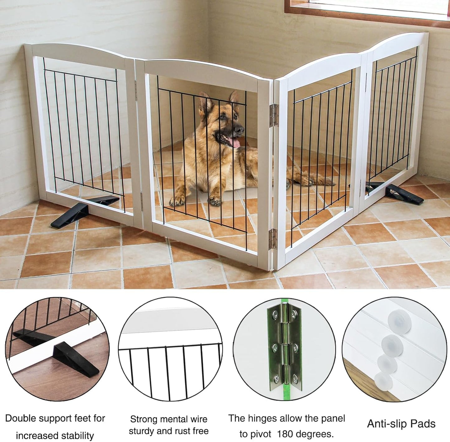 ZJSF Freestanding Dog Fence Indoor, Foldable Dog Gate for Doorways, Stairs or Hallways, Sturdy Wood Extra Wide Pet Gate with Support Feet for The House, White, 24 "Height-4 Panels