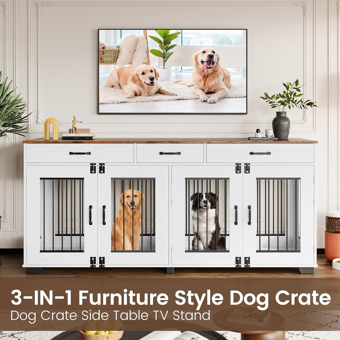 71 Inch Dog Crate Furniture for 2 Rooms, Wooden Double Crate Large Breed with Door, Dog Kennel Indoor, TV Stand End Table with Divider for Large Medium Dogs,White/Brown