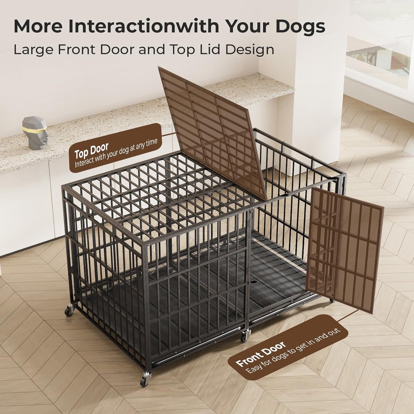 78 Inch Heavy Duty Indestructible Dog Crate Steel Escape Proof, Indoor Double Door High Anxiety Cage, Kennel with Wheels,Removable Tray,Extra Large Dogs XL XXL XXXL