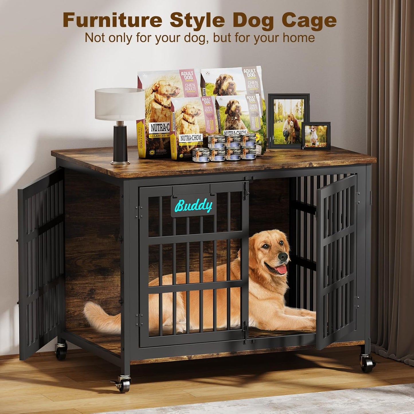 EasyCom 42"/41"/33" Dog Crate Furniture with Name Tag, XL Heavy Duty Dog Kennel Indoor for Large and Medium Dogs, Double-Doors Sturdy Dog Cage for Anxiety Dog, Decorate House as TV Stand
