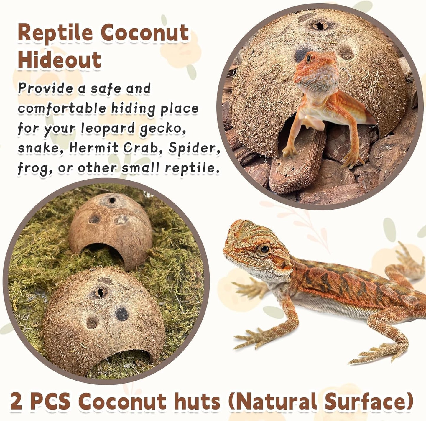 PINVNBY Natural Coconut Reptile Hideouts Lizard, Coco Hut Hermit Crab Hut Aquarium Fish Hide Cave for Small Reptile Crested Gecko Leopard Gecko Spider Snail Climber Toys (2 PCS Natural Surface)