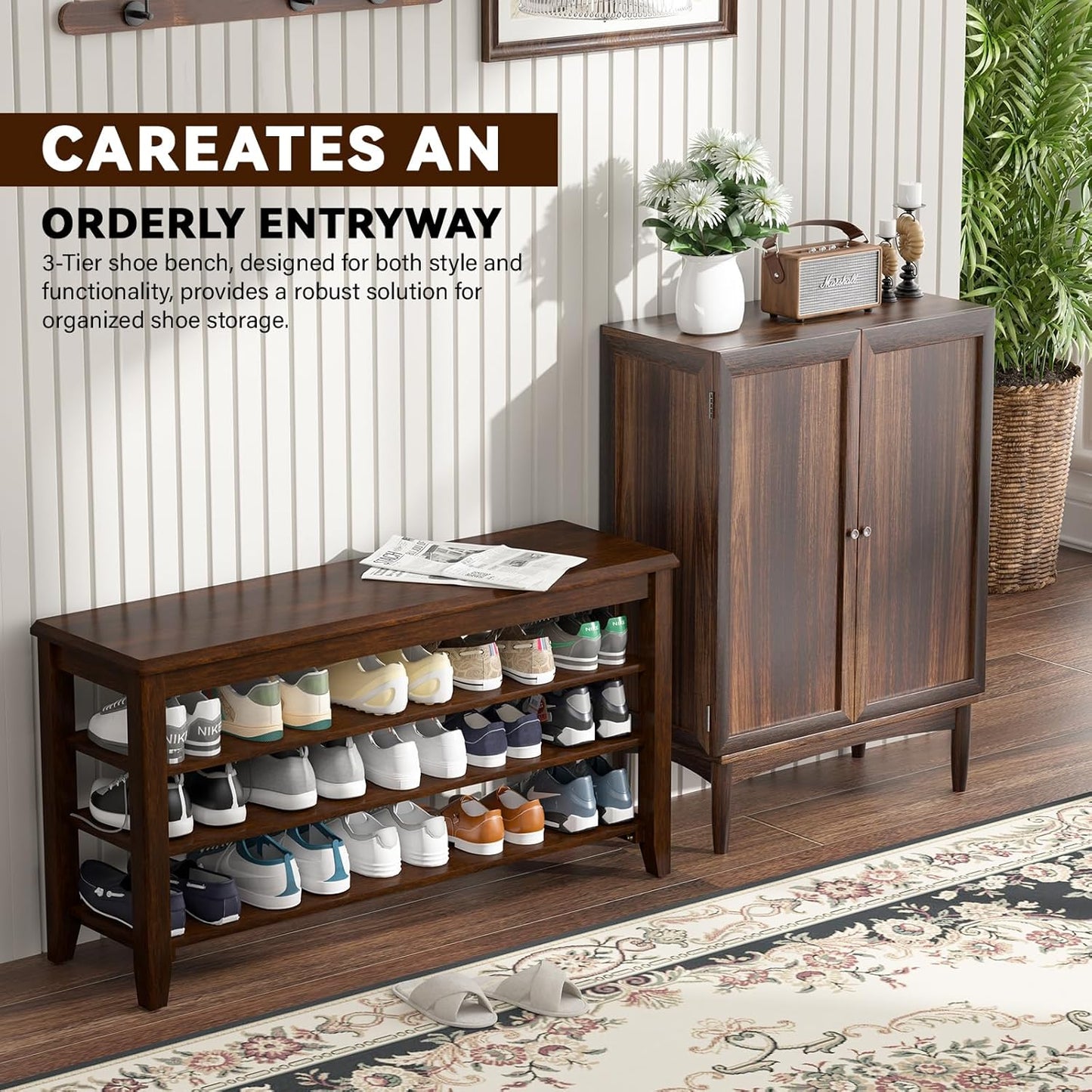 Shoe Bench Storage Rubberwood with Leather Cushion for Entryway Bench Ideal for Hallways Shoe Rack Front Doors Entrances Mudrooms Featuring 3 Height-Adjustable and Removable Shelves