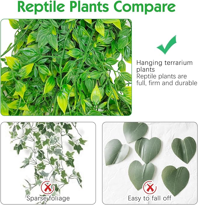 Hamiledyi Reptile Plants, 2 Pack Hanging Terrarium Plants Vines, Fake Amphibian Plants, Artificial Leaves Habitat Decorations with Suction Cup for Bearded Dragon Lizard Geckos Chameleon