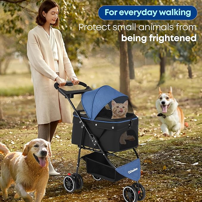 Pet Stroller,Dog Stroller for Small Medium Dogs Cats,3 Wheels,Foldable,with Breathable Mesh Canopy,Cup Holders,Easy Assembly,Blue+Black