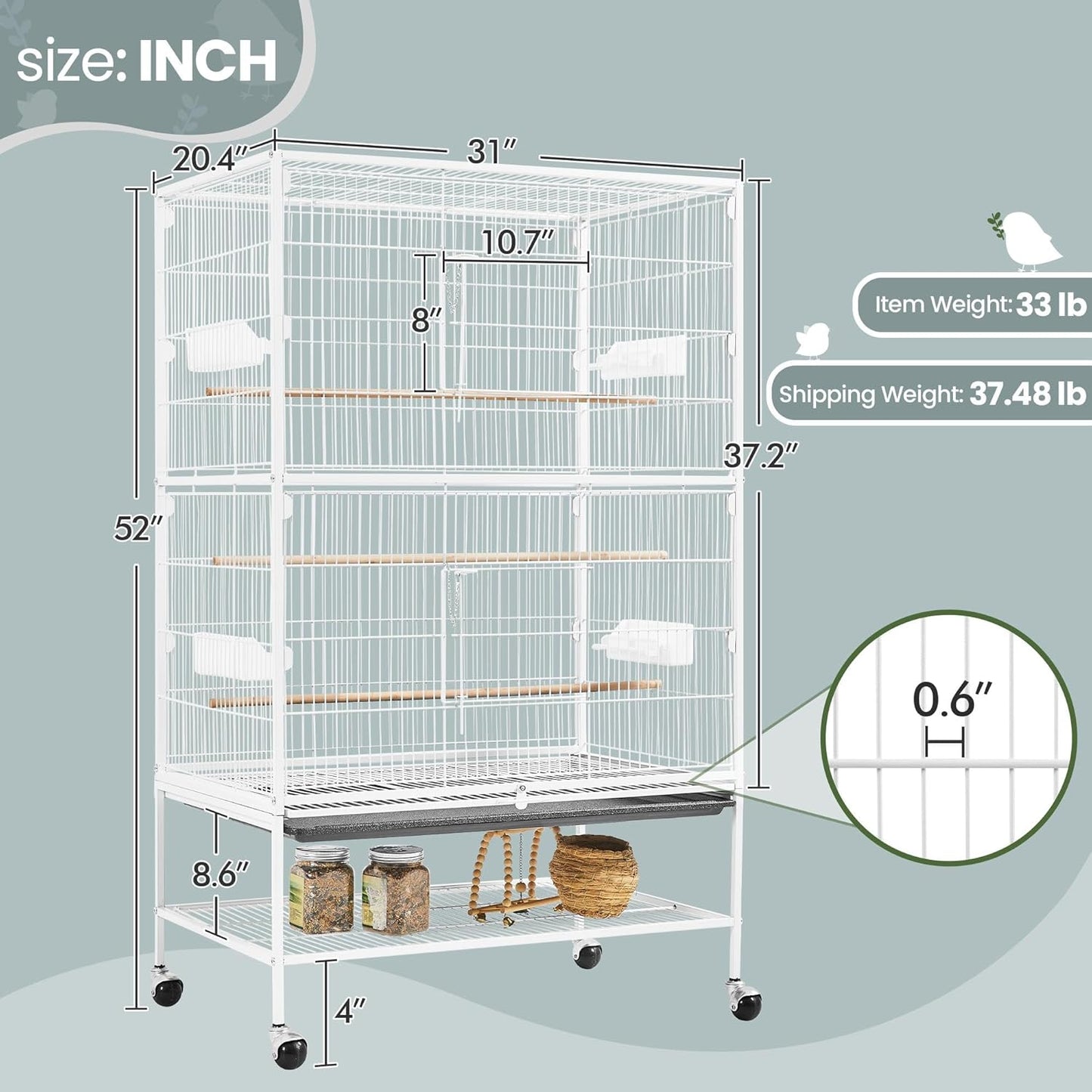 Yaheetech 52inch Bird Cage Extra Large Parakeet Parrot Cage for Lovebird Cockatiel Conure Finch with Rolling Stand White