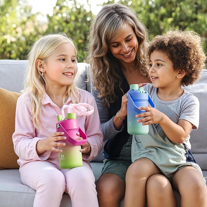 Kids Insualated Water Bottle with Straw - 12oz Stainless Steel Water Bottle with Dual Spouts, Leak-Proof, BPA-Free, Double Wall Vacuum Keeps Cold for 24 Hours for Sports, Travel (Frosted Lilac)