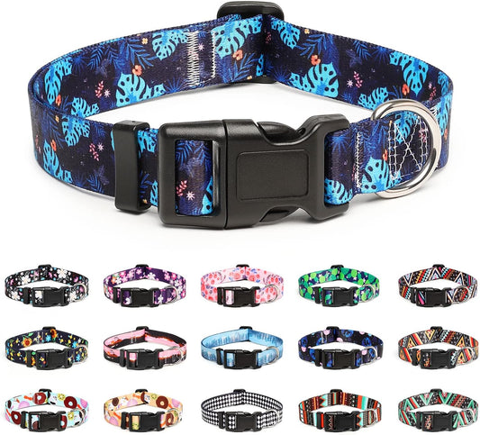 Mercano Adjustable Dog Collar - Special Design Patterns, Soft Nylon Comfortable Durable Pet Collar for Small Medium Large Dogs (XS, Monstera)