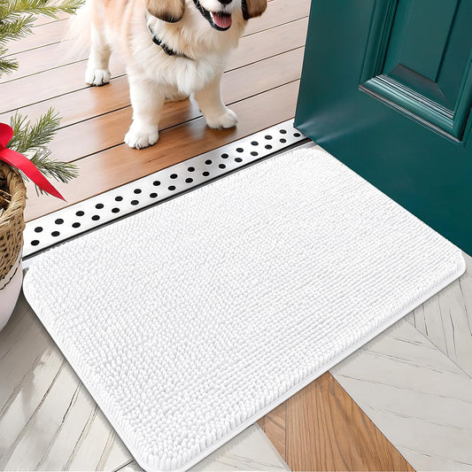 OLANLY Dog Door Mat for Muddy Paws 24x16, Absorbs Moisture and Dirt, Absorbent Non-Slip Washable Doormat, Quick Dry Chenille Mud Mat for Dogs, Entry Indoor Entryway Carpet for Inside Floor, White