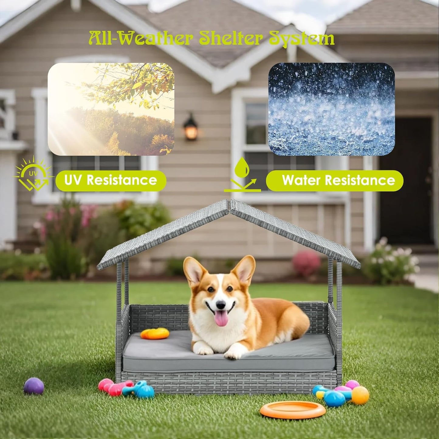 Wicker Dog House Outdoor Indoor with Canopy, Elevated Dog Shelter & Dog Bed with Light Gray Cushion, Water-Resistant Raised Pet House for Small Medium Dogs, Rattan Dog Cot for Deck, Patio, Yard, Pool