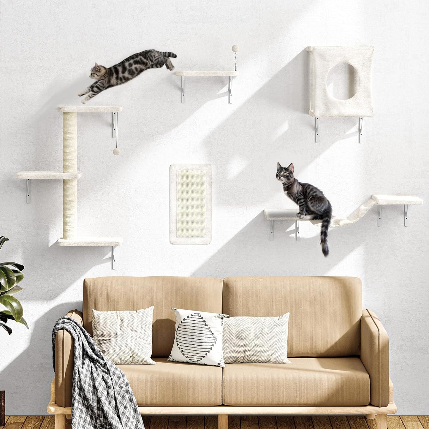 NUNU LAB Cat Wall Shelves Set, 5 Pcs Wall-Mounted Cat Climber with Condo House, Bridge Ladder, Scratching Post, Indoor Cat Furniture Set, Beige