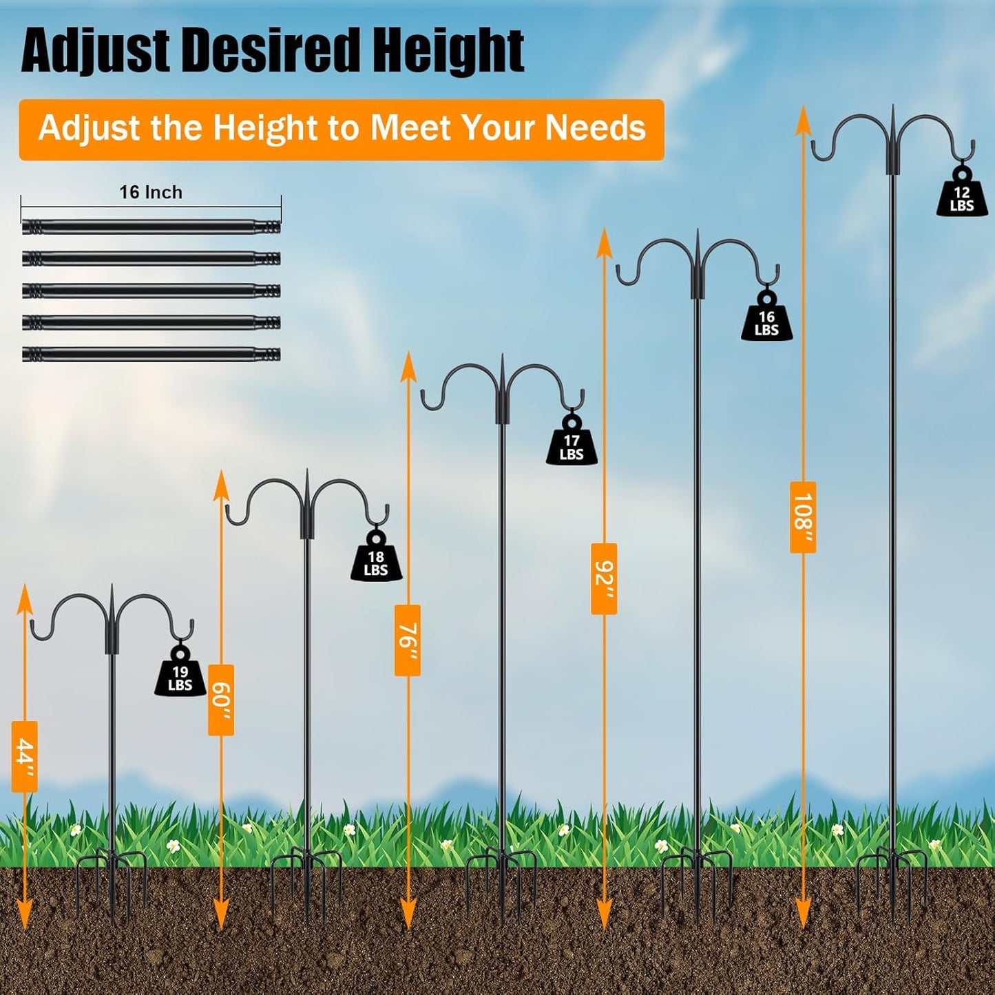 FEED GARDEN Adjustable Double Shepherds Hook for Outdoor with 5 Prong Base 108 Inch Heavy Duty Two Sided Bird Feeder Pole for Hanging Plant Baskets, Solar Light Lanterns, Wind Chimes 2 Pack